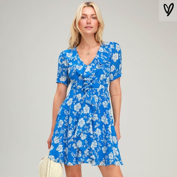 Ximena Blue Floral Ruffled Short Sleeve Mini Dress - Picture 2 of 4